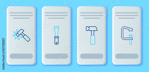 Set line Putty knife, Hammer, and Clamp and screw tool icon. Vector