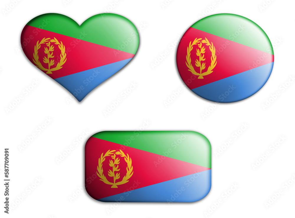 colorful national art flag of eritrea figures bottoms on a white background . concept collage. 3d illustration colorful national art flag of eritrea figures bottoms on a white background . concept collage. 3d illustration