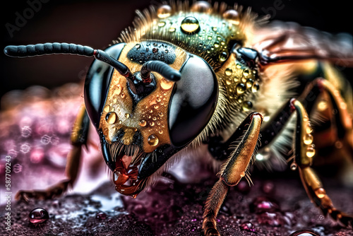 A vivid close-up view of an insect is seen, the details of its body easily visible. - generative ai © Exuberation 