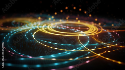 Abstract glowing digital multicolor radial lines and sparkling dots. Based on Generative AI