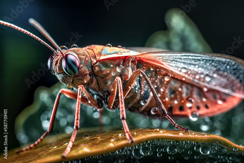 A macro close-up view of a vivid insect, its details defined by light and shadow - generative ai.