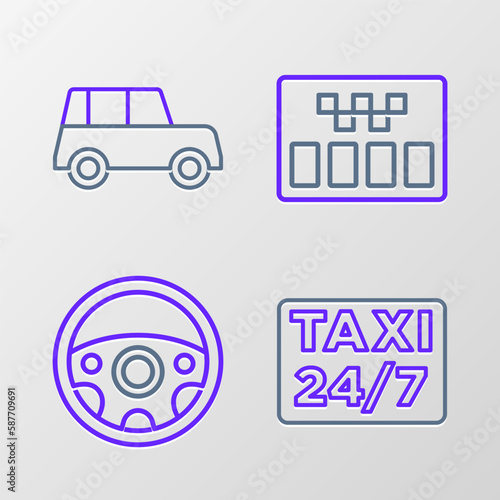Set line Location with taxi, Steering wheel, Taximeter and Car icon. Vector