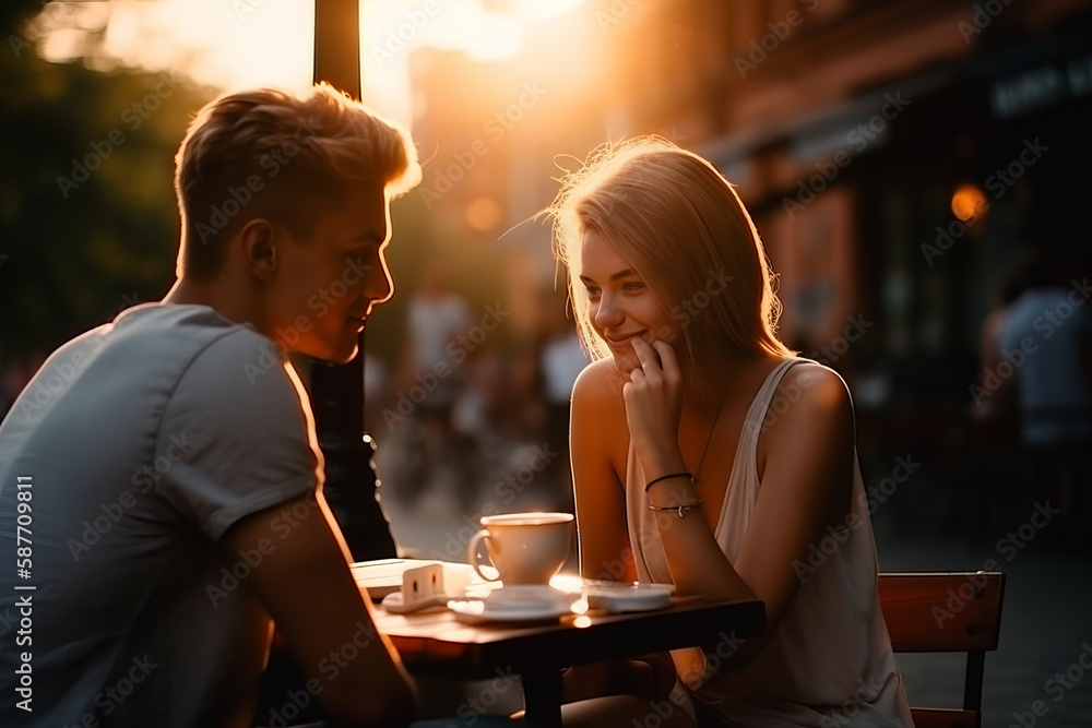 Couple sitting together outside a cafe on the street, sidewalk Couple sitting together outside a cafe on the street, sidewalk