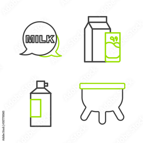 Set line Udder, Whipped cream in bottle, Paper package for kefir and Lettering milk icon. Vector