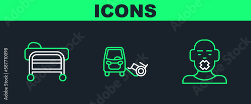 Set line Head of deaf and dumb, Stretcher and Disabled car icon. Vector
