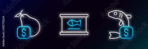 Set line Price tag for fish, pear and Canned icon. Glowing neon. Vector
