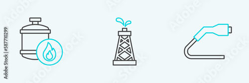 Set line Electrical cable plug charging, Propane gas tank and Oil rig icon. Vector