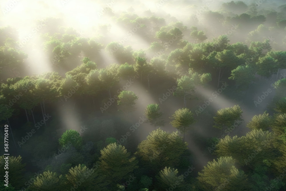 Aerial view of misty pine forest in the morning at sunrise. Generative AI