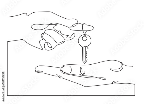 Continuous one line drawing of hand holds the key to the car or apartment and handing it over to another person. Lines black on white background.