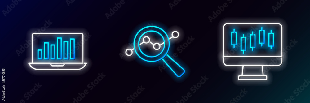 Set line Stocks market growth graphs, Laptop with chart and Search data analysis icon. Glowing neon. Vector Set line Stocks market growth graphs, Laptop with chart and Search data analysis icon. Glowing neon. Vector