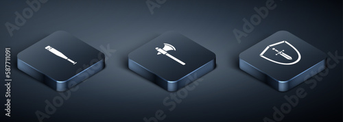 Set Isometric Baseball bat, Medieval shield with sword and Medieval axe icon. Vector