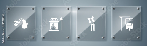 Set IV bag, Human broken arm, Elevator for disabled and Hearing aid. Square glass panels. Vector
