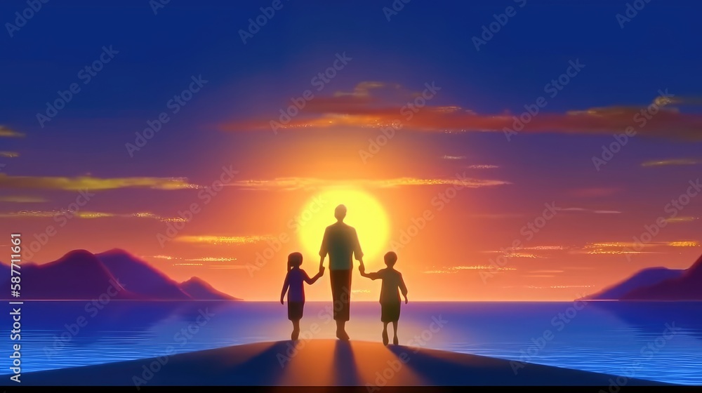 Family Vacation In Nature. Young Mom, Dad And Their Daughters And Son Meet At Sunset. Created with generative AI.
