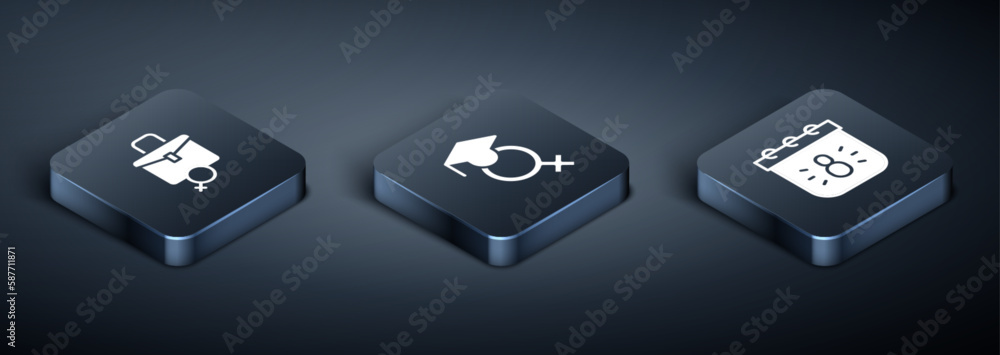 Set Isometric Work for female, Calendar with 8 March and Teacher icon. Vector Set Isometric Work for female, Calendar with 8 March and Teacher icon. Vector