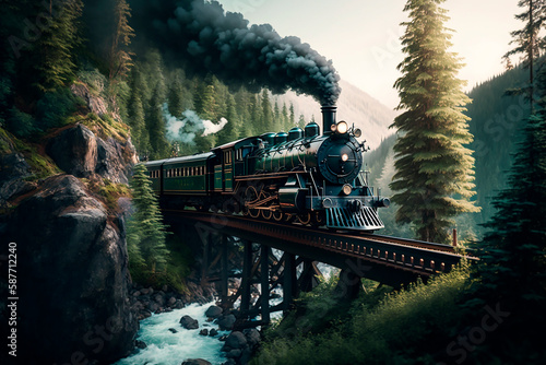 A vintage train rides the rails on a bridge letting off steam, a retro trip overlooking a green forest. Generative AI