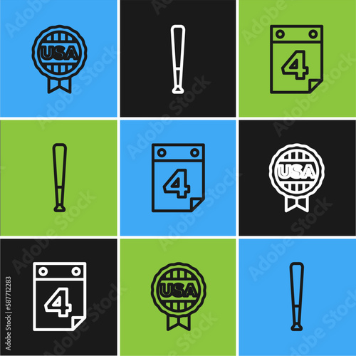 Set line Medal with star, Calendar date July 4 and Baseball bat icon. Vector