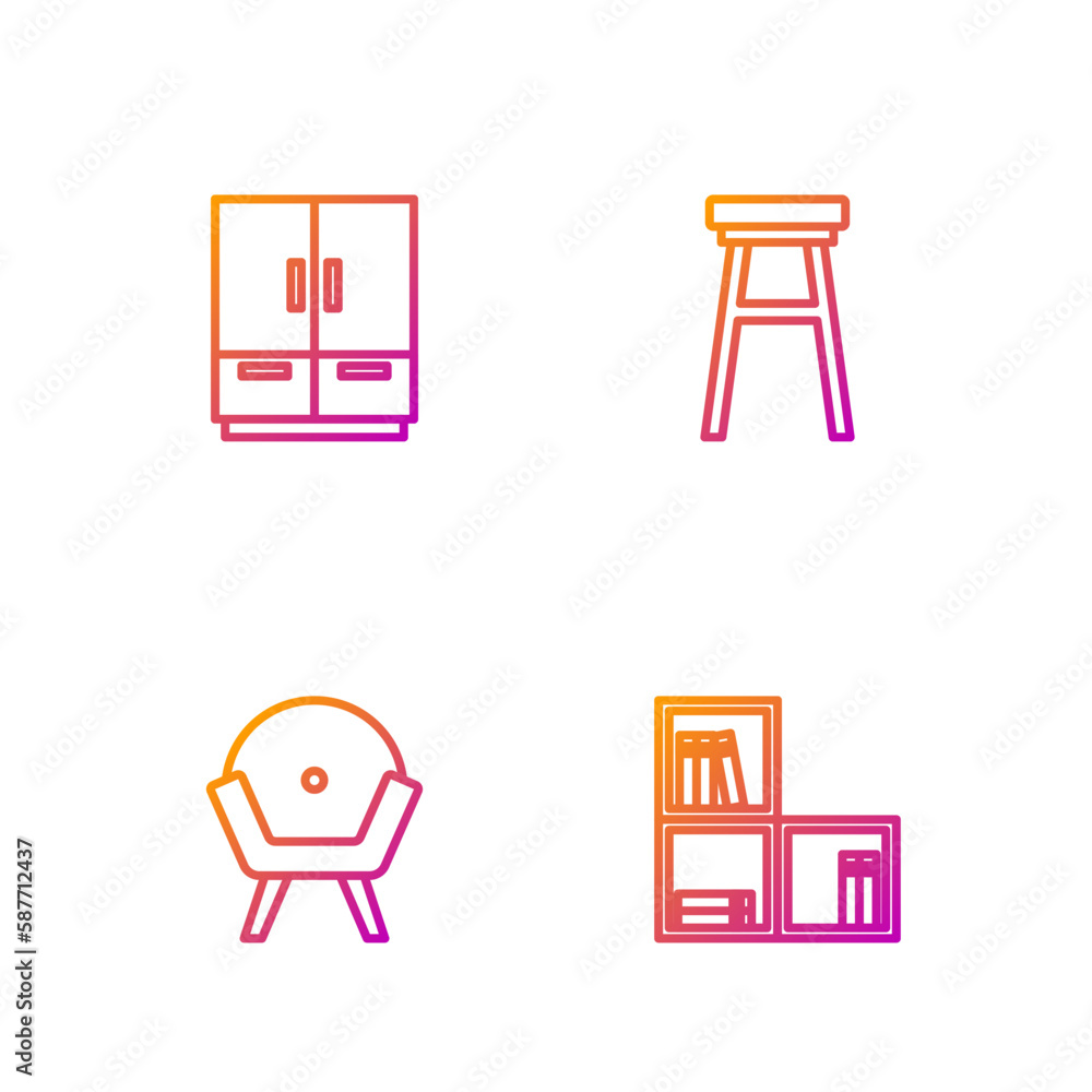 Set line Shelf with books, Armchair, Wardrobe and Chair. Gradient color icons. Vector Set line Shelf with books, Armchair, Wardrobe and Chair. Gradient color icons. Vector