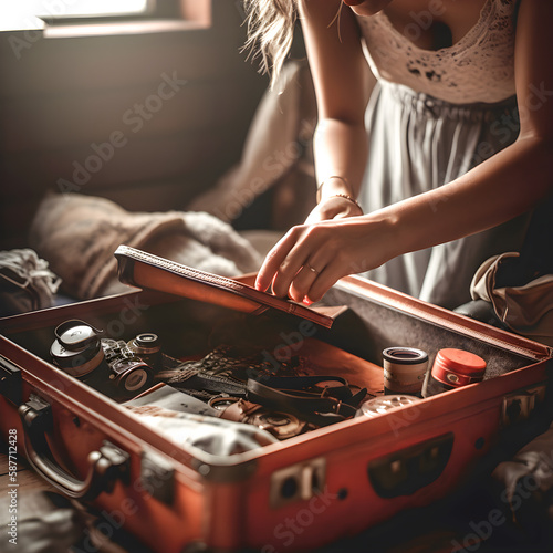 Woman in a room preparing a suitcase for a trip. Travel photo. Generative ai