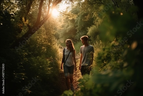 Attractive young couple walking, hiking on a woodland walk trail together