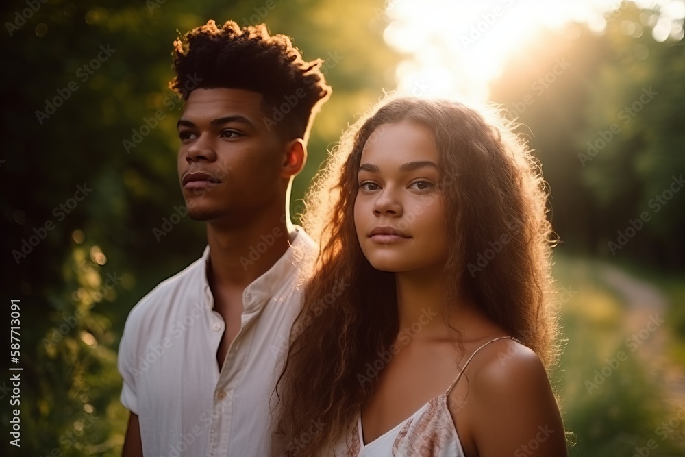 Attractive young couple walking, hiking on a woodland walk trail together Attractive young couple walking, hiking on a woodland walk trail together