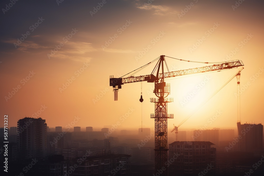 Giant crane silhouette working in big metropolis. Generative AI Giant crane silhouette working in big metropolis. Generative AI