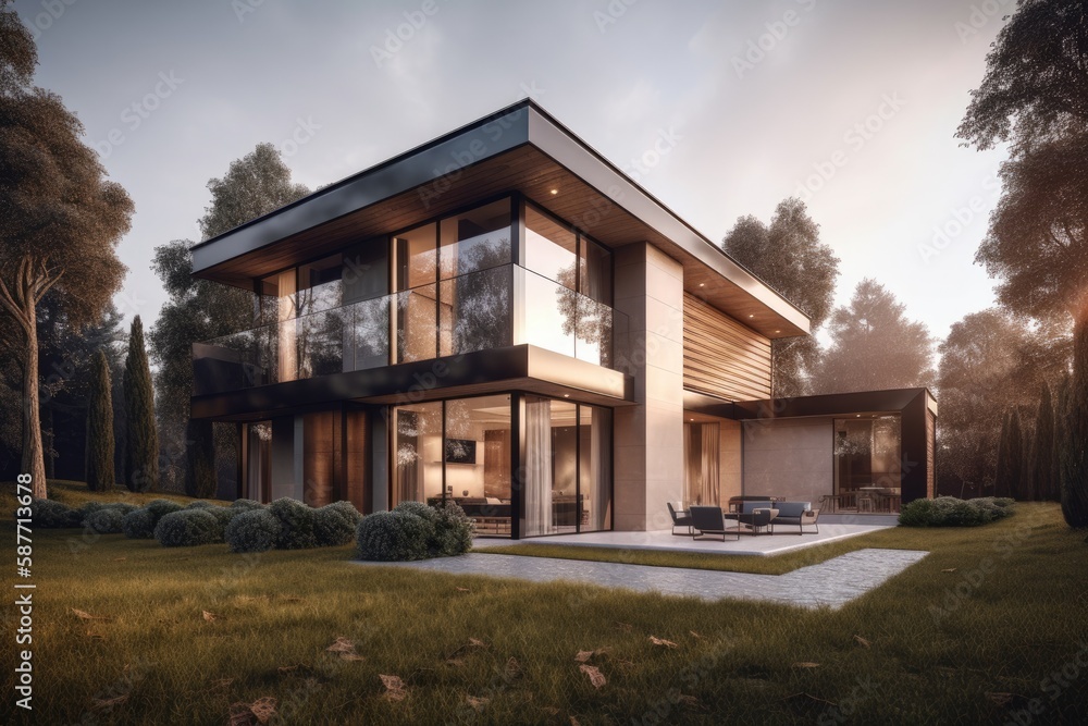 modern house nestled in a serene wooded setting. Generative AI modern house nestled in a serene wooded setting. Generative AI