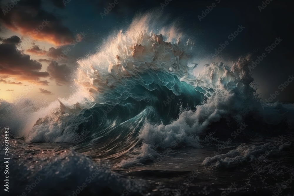 Big waves in a stormy ocean with sun rays pouring through water on sunrise or sunset clouds background Generative ai