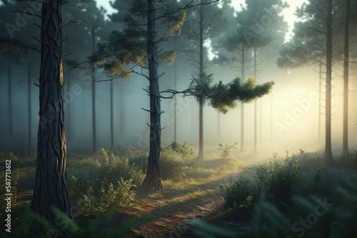 Foggy morning in the pine forest trees backlit by golden sunlight with sun rays pouring through trees. Sunrise or sunset spring forest landscape environment Generative ai