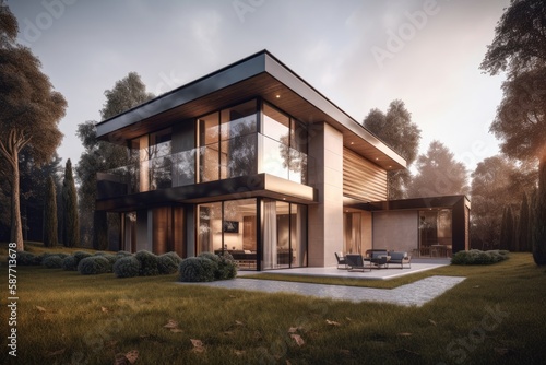 modern house nestled in a serene wooded setting. Generative AI