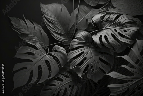 Tropical monstera leaves background  black and white tone. Monochrome monstera tree foliage decoration design. Plant with exotic leaf closeup Generative ai