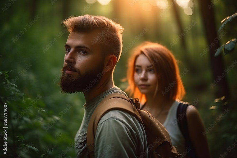 Attractive young couple walking, hiking on a woodland walk trail together