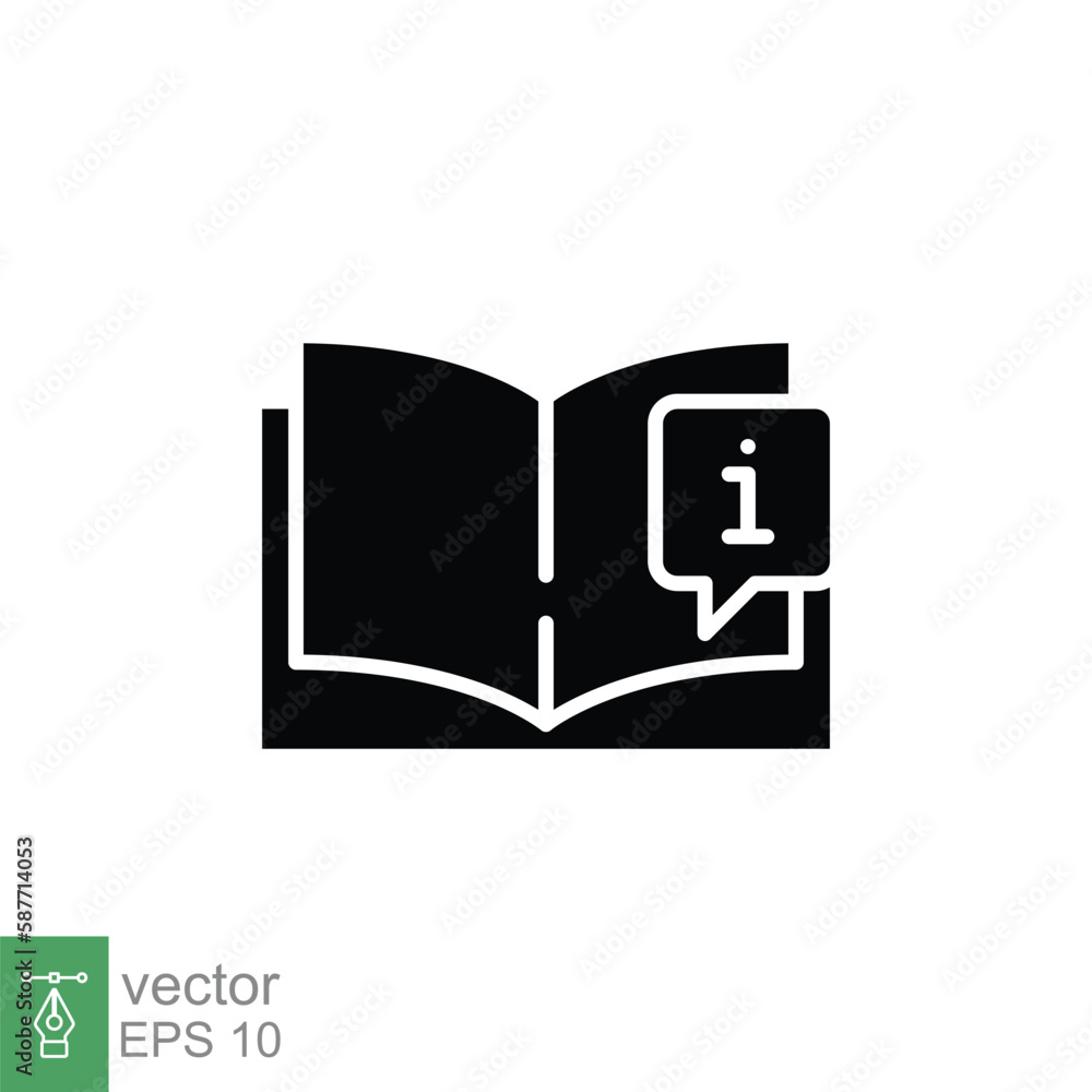 Book with information mark icon. Encyclopedia, catalogue, info and faq concept. Simple solid style. Black silhouette, glyph symbol. Vector illustration isolated on white background. EPS 10. Book with information mark icon. Encyclopedia, catalogue, info and faq concept. Simple solid style. Black silhouette, glyph symbol. Vector illustration isolated on white background. EPS 10.