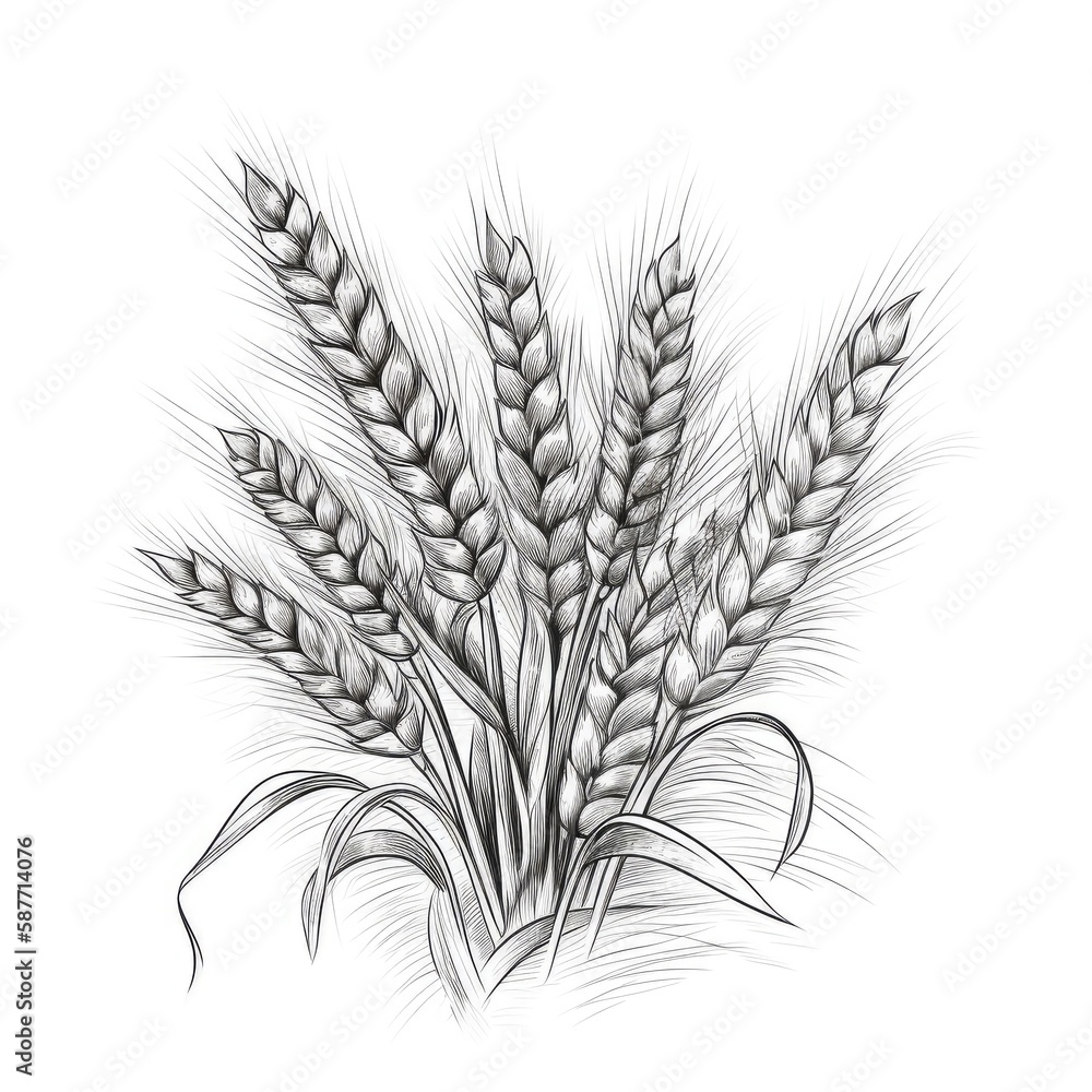 Hand drawn illustration of wheat. Isolated on white background. Created with generative AI.