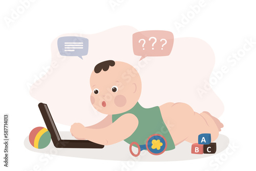 Small child explores world and tries to use gadget. Newborn child uses laptop and tries to master modern technologies. Funny infant baby lies on tummy