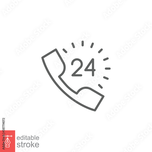 Call center 24 hours with phone icon. Full time service, technical support concept. Simple outline style. Thin line symbol. Vector illustration isolated on white background. Editable stroke EPS 10.
