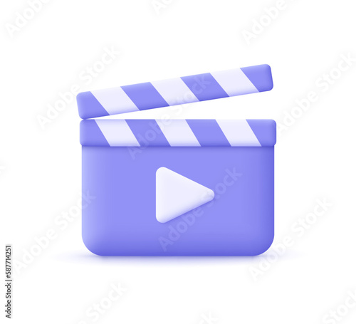 Movie clapper board, film slate with play button. Film industry, filmmaking and video production  concept. 3d vector icon. Cartoon minimal style. photo