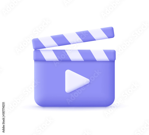 Movie clapper board, film slate with play button. Film industry, filmmaking and video production  concept. 3d vector icon. Cartoon minimal style.