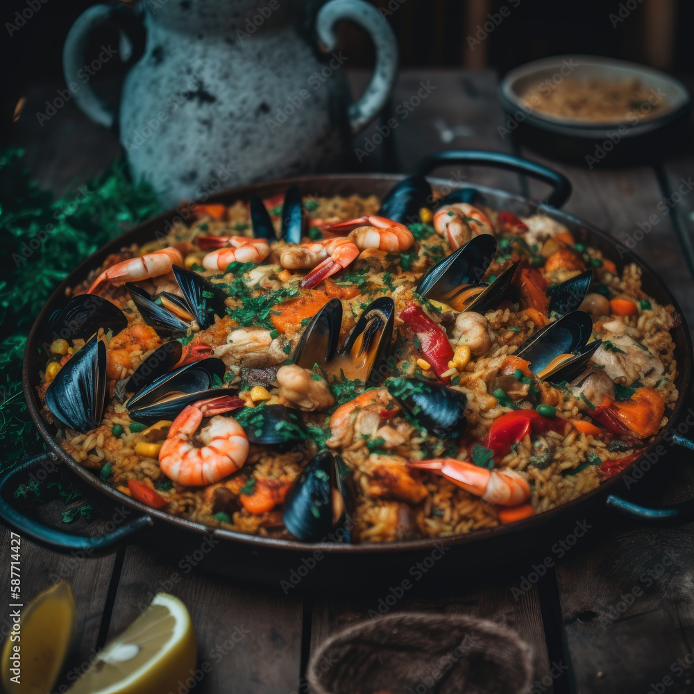 Seafood paella Served in a Large Pan-Generative AI Seafood paella Served in a Large Pan-Generative AI