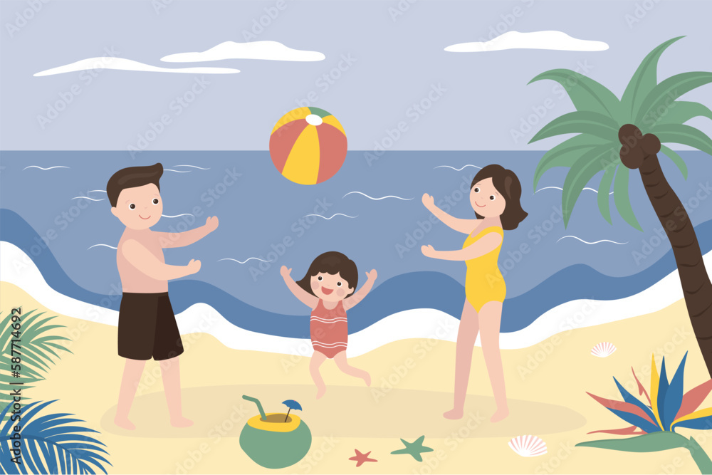 Parents play ball with their little daughter on sunny beach. Family spend time together, vacation, weekend. Active games, mom and dad play with cute child. Caucasian people on seashore.