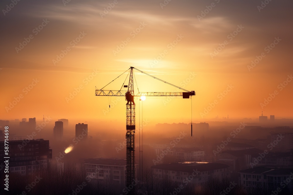 Giant crane above the city skyscraper at sunset. Generative AI Giant crane above the city skyscraper at sunset. Generative AI
