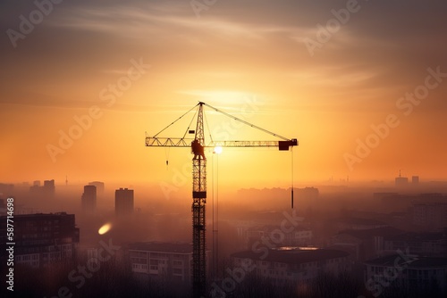 Giant crane above the city skyscraper at sunset. Generative AI