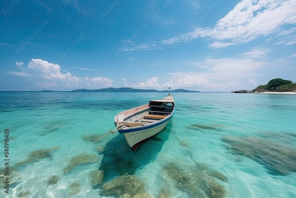 Beautiful summer landscape of tropical island with boat in ocean. Transition of sandy beach into turquoise water. Travel and vacation concept, generative AI