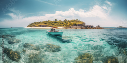 Beautiful summer landscape of tropical island with boat in ocean. Transition of sandy beach into turquoise water. Travel and vacation concept, generative AI