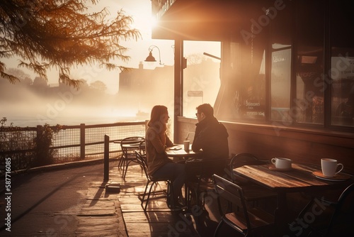 Couple sitting together outside a cafe on the street, sidewalk © MD Media