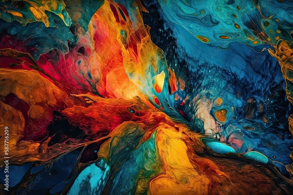 Illustration of an abstract painting with vibrant colors against a dark backdrop. Generative AI