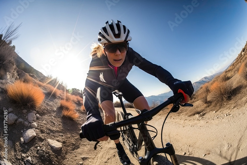 Professional cyclist in protective helmet trains on mountain road. Female athlete trains on a bicycle. Created with Generative AI photo