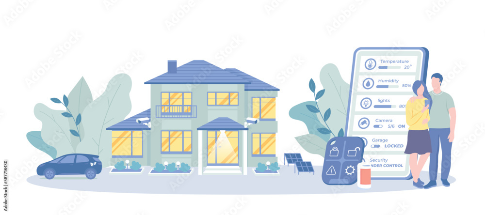 Smart Home Technology. Home with cognitive intelligence, smart living environment, hike quality of life. Safety security, lighting, and entertainment. Vector illustration with character situation 