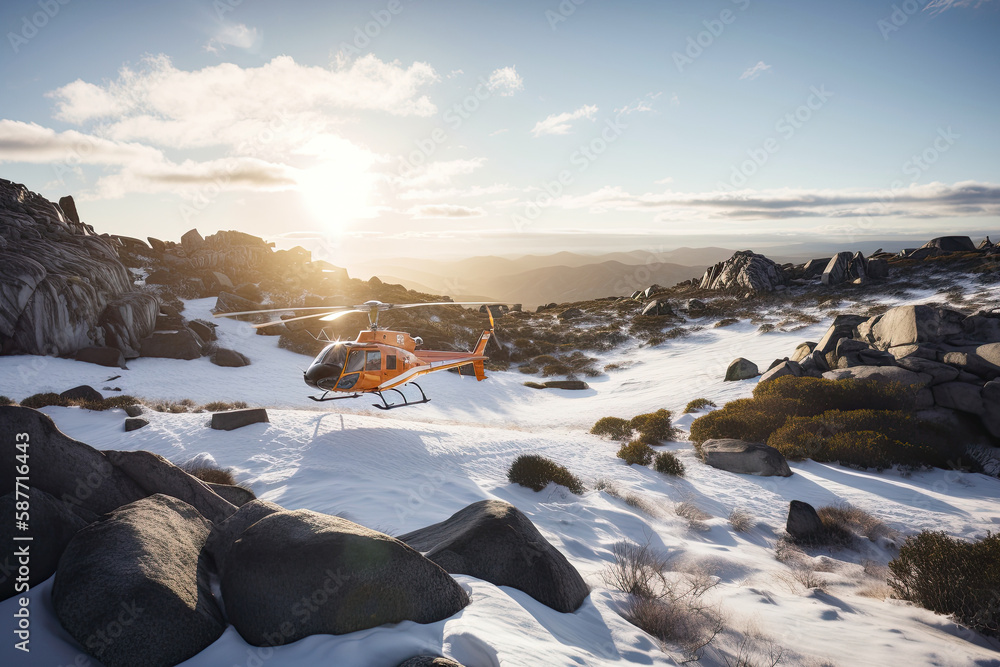 Search and rescue operation in mountains. Medical rescue helicopter landing in snowy mountains. Created with Generative AI Search and rescue operation in mountains. Medical rescue helicopter landing in snowy mountains. Created with Generative AI