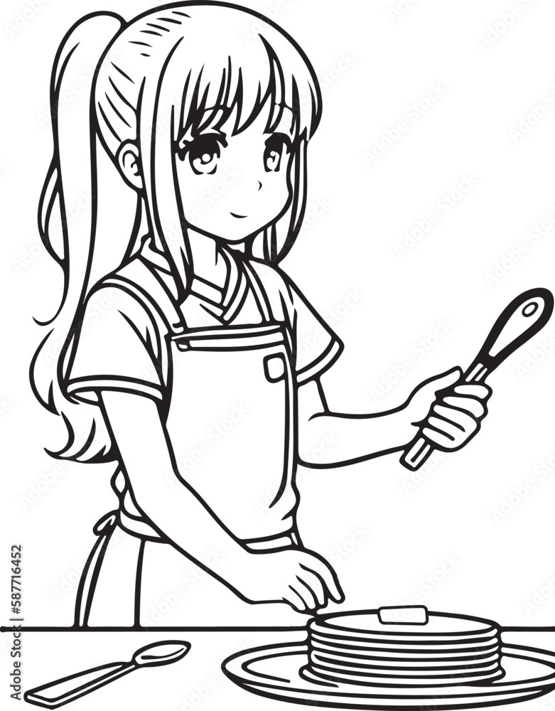 Fototapeta premium Anime girl cooking, vector coloring for children