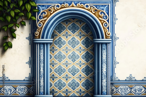 Blue and White Azulejo Tiles Beautiful Filigree Texture Background - The intricate filigree texture of stunning Azulejo tiles, perfect for adding elegance - created with Generative AI technology